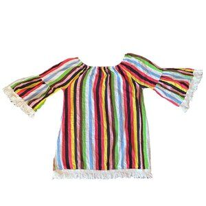 Velzera Rainbow Pride Colorful Striped Boho Hippie Crocheted Fringed Mini Dress